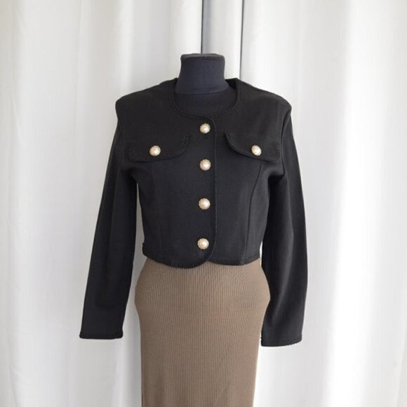 Vintage Black Cropped Pearl Button Blazer Sz M - Picture 2 of 8